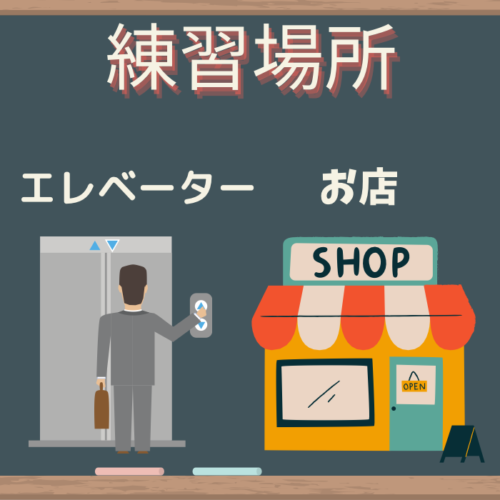 練習場所のエレベーターの絵とお店の絵